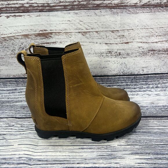 Sorel Joan Of Arctic Wedge II Brown Leather Chelsea Ankle Boots Women’s Size 7.5 - Picture 1 of 8